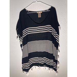 C&T Beach Black & White Striped Tassel Top Size Medium